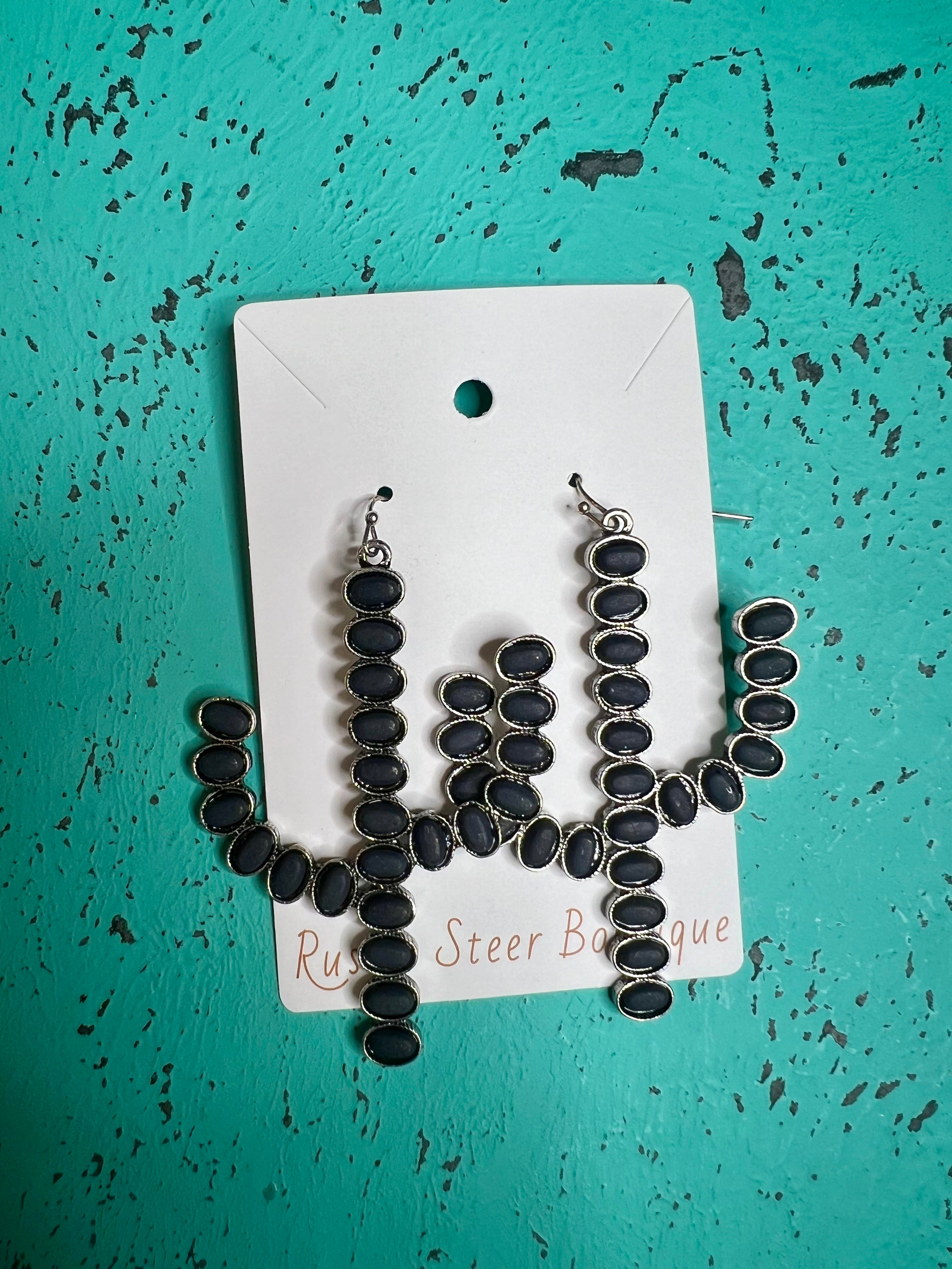 Cactus Semi Stone Earrings - Black